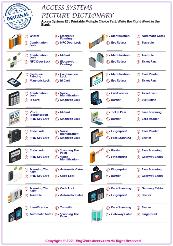 Access Systems ESL Printable Multiple Choice Test. Write the Right Word in the Blank.
