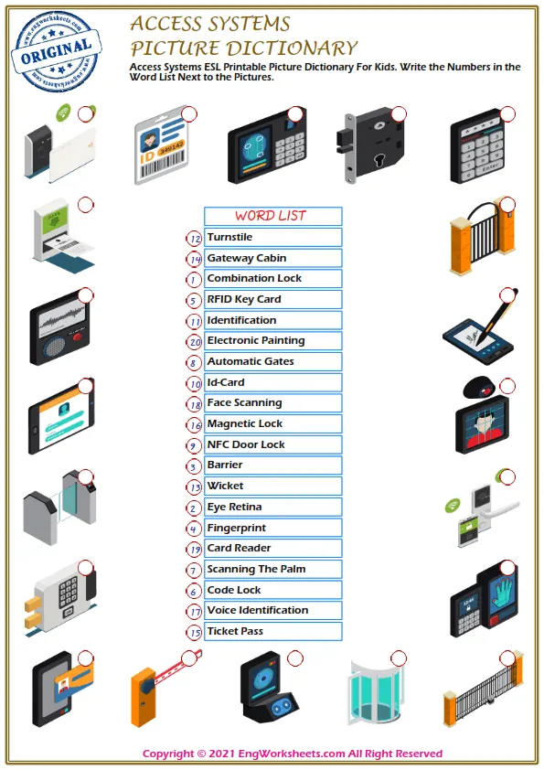 Access Systems ESL Printable Picture Dictionary For Kids. Write the Numbers in the Word List Next to the Pictures.