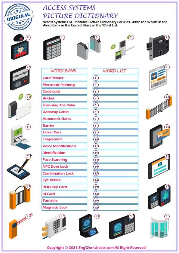 Access Systems ESL Printable Picture Dictionary For Kids. Write the Words in the Word Bank in the Correct Place in the Word List.