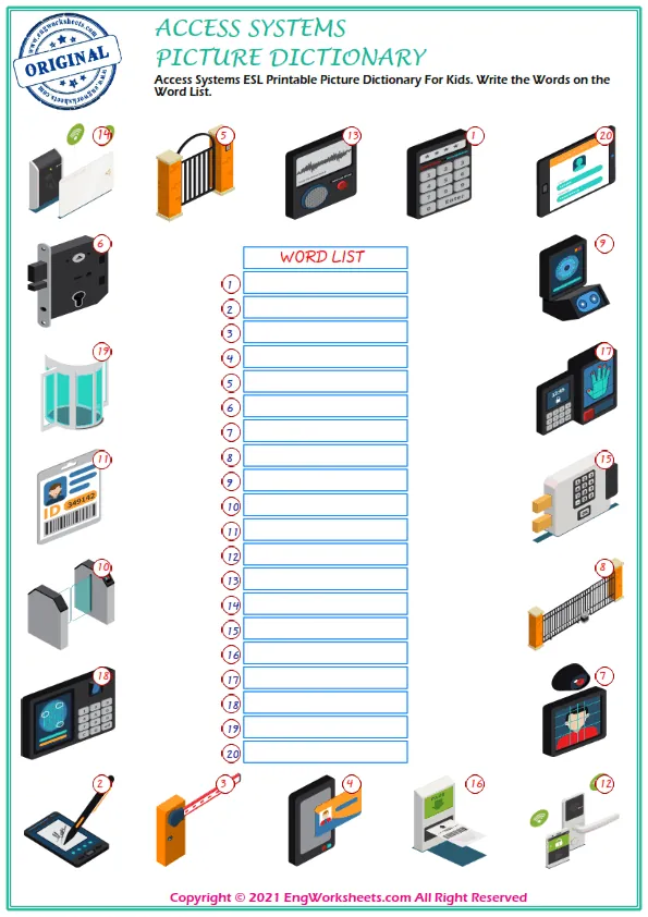Access Systems ESL Printable Picture Dictionary For Kids. Write the Words on the Word List.