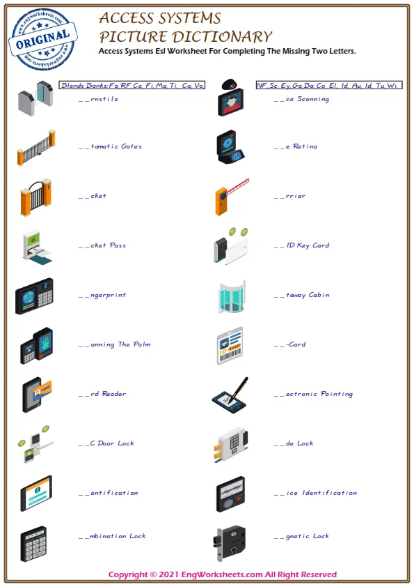 Access Systems Esl Worksheet For Completing The Missing Two Letters.