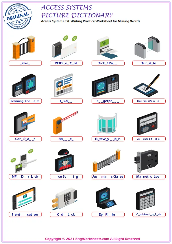 Access Systems ESL Writing Practice Worksheet for Missing Words.