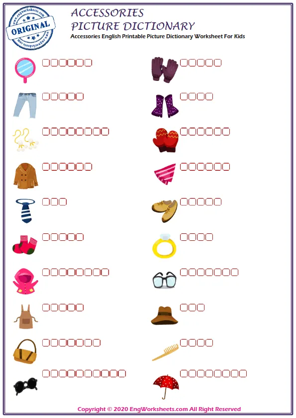 Accessories English Printable Picture Dictionary Worksheet For Kids