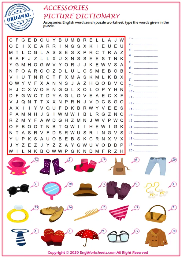 Accessories English word search puzzle worksheet, type the words given in the puzzle. Worksheet Preview