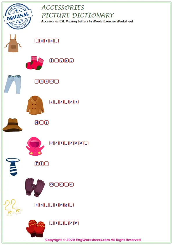 Accessories ESL Missing Letters In Words Exercise Worksheet