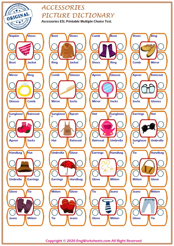 Accessories ESL Printable Multiple Choice Test.