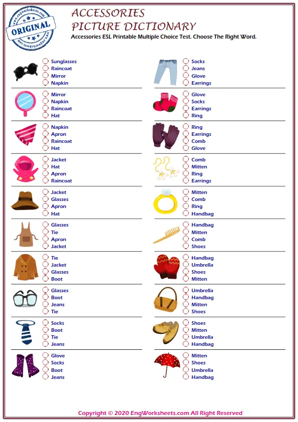 Accessories ESL Printable Multiple Choice Test. Choose The Right Word.