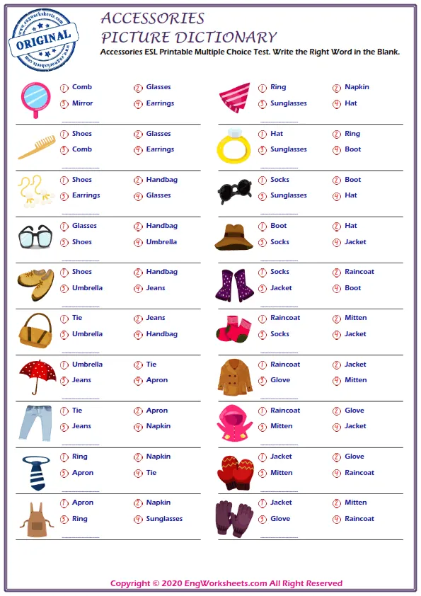 Accessories ESL Printable Multiple Choice Test. Write the Right Word in the Blank. Worksheet Preview