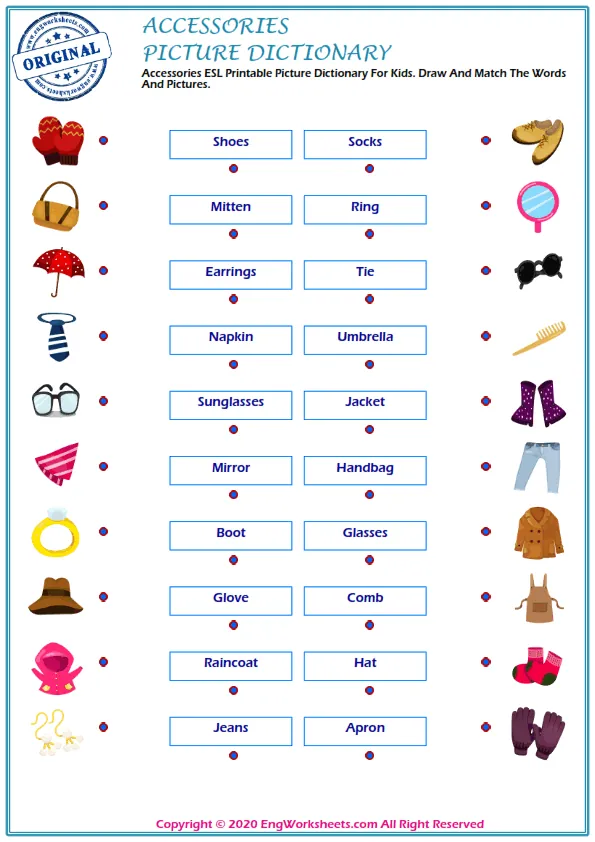 Accessories ESL Printable Picture Dictionary For Kids. Draw And Match The Words And Pictures.