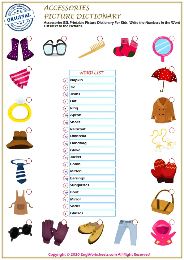 Accessories ESL Printable Picture Dictionary For Kids. Write the Numbers in the Word List Next to the Pictures.