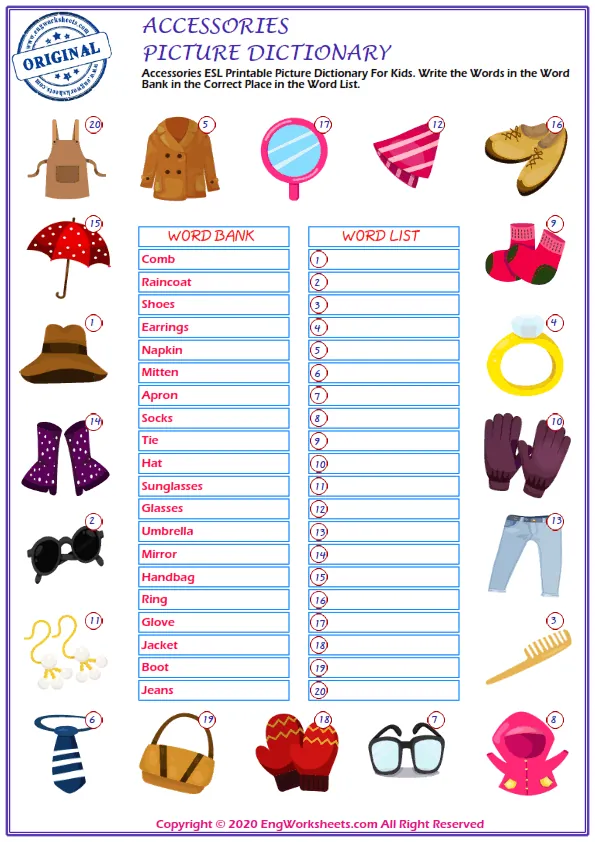 Accessories ESL Printable Picture Dictionary For Kids. Write the Words in the Word Bank in the Correct Place in the Word List. Worksheet Preview