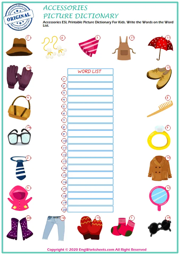 Accessories ESL Printable Picture Dictionary For Kids. Write the Words on the Word List. Worksheet Preview