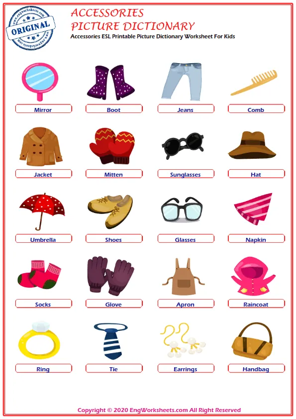 Accessories ESL Printable Picture Dictionary Worksheet For Kids