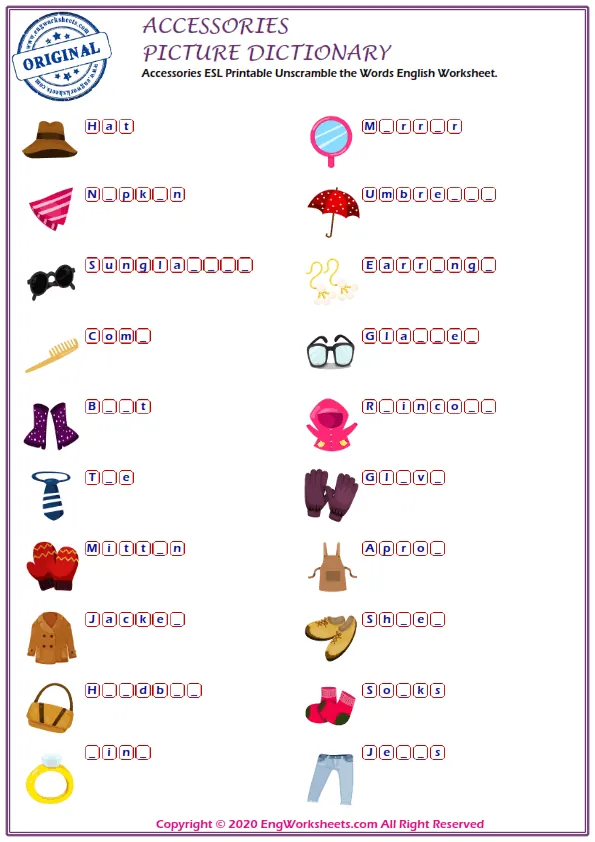 Accessories ESL Printable Unscramble the Words English Worksheet. Worksheet Preview