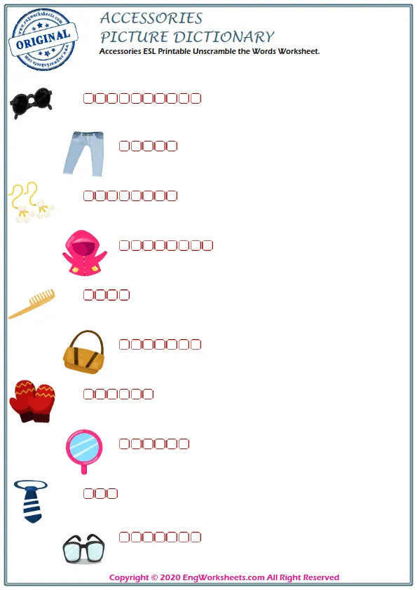 Accessories ESL Printable Unscramble the Words Worksheet. Worksheet Preview