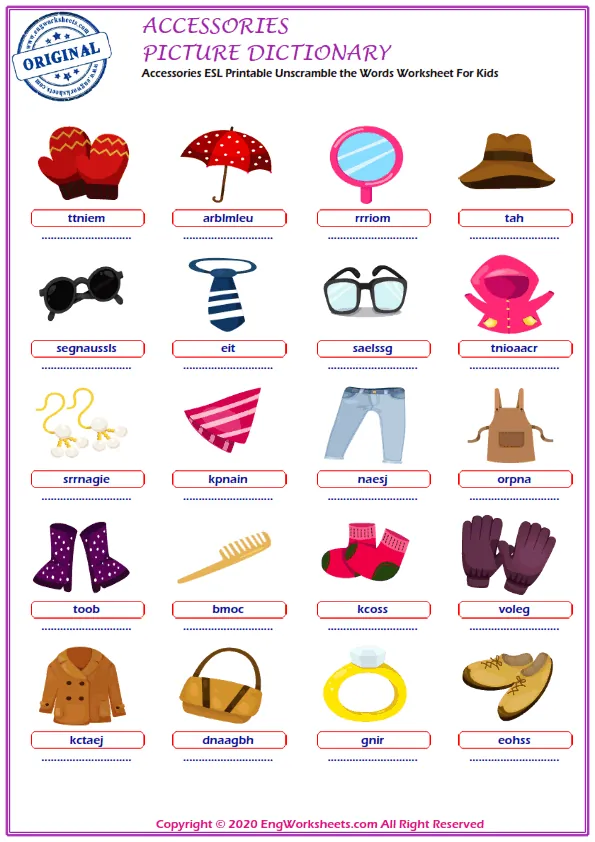 Accessories ESL Printable Unscramble the Words Worksheet For Kids