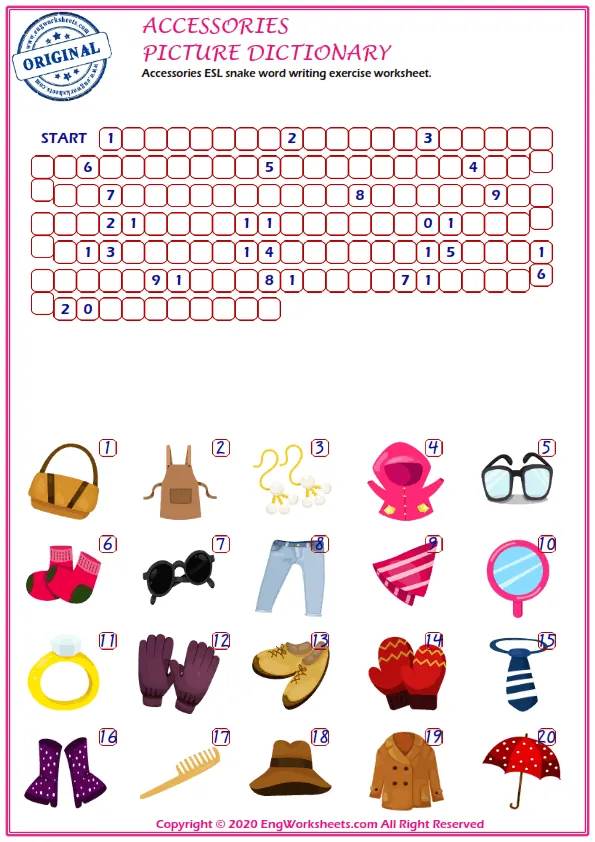 Accessories ESL snake word writing exercise worksheet.