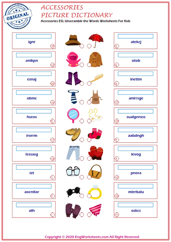 Accessories ESL Unscramble the Words Worksheets For Kids