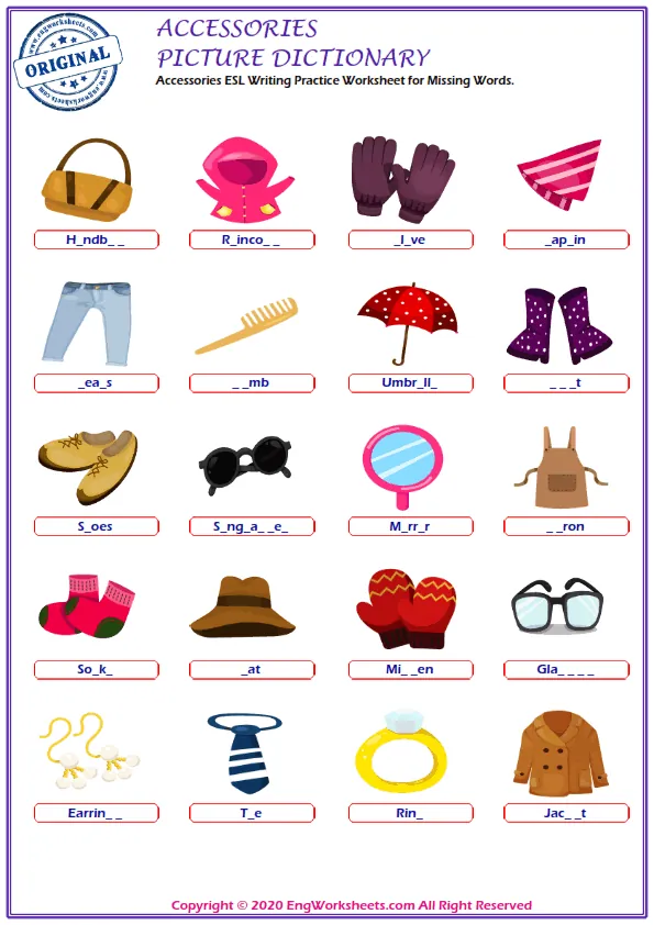 Accessories ESL Writing Practice Worksheet for Missing Words.