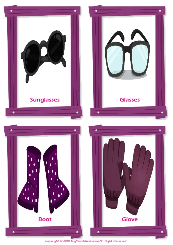 Accessories vocabulary worksheet with words, four images per page
