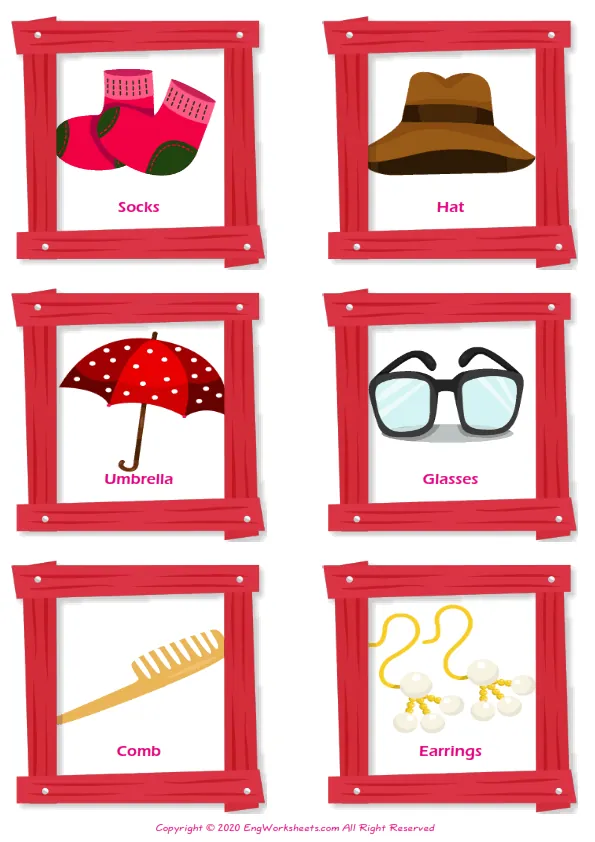 Accessories vocabulary worksheet with words, six images per page