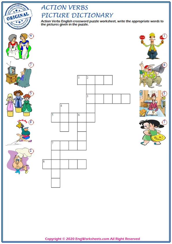 Action Verbs English crossword puzzle worksheet, write the appropriate words to the pictures given in the puzzle.