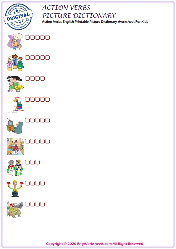 Action Verbs English Printable Picture Dictionary Worksheet For Kids