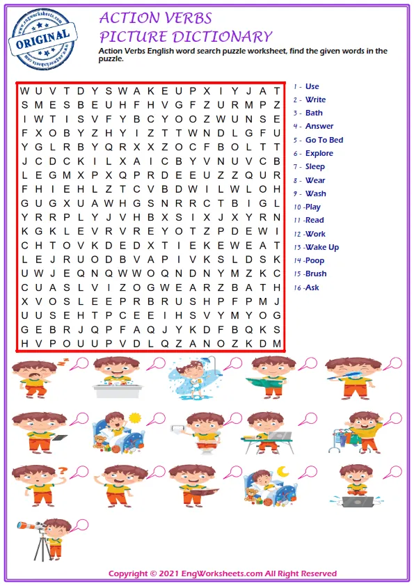Action Verbs English word search puzzle worksheet, find the given words in the puzzle. Worksheet Preview