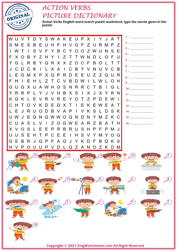 Action Verbs English word search puzzle worksheet, type the words given in the puzzle. Worksheet Preview