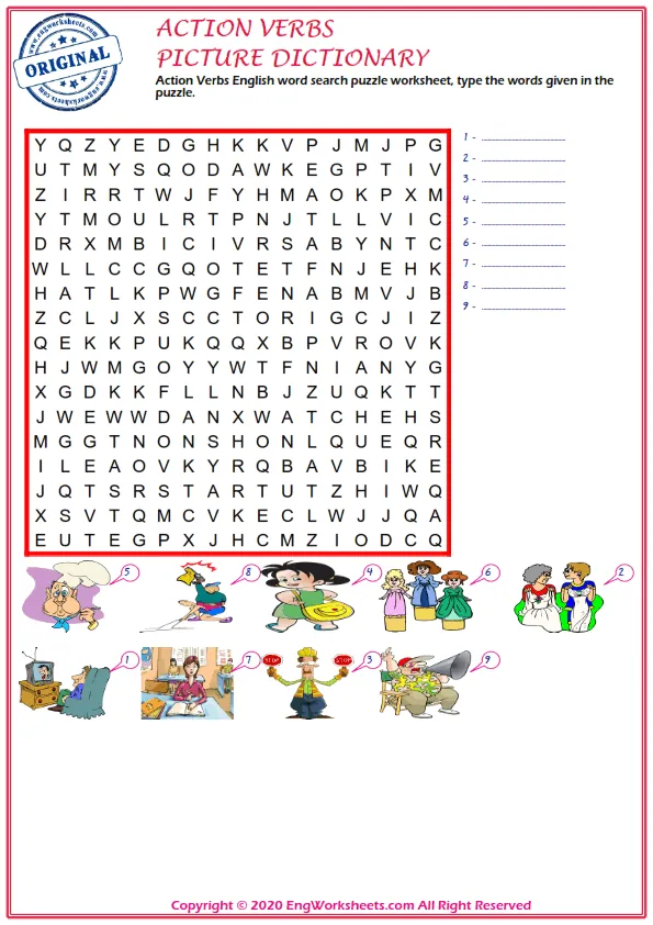 Action Verbs English word search puzzle worksheet, type the words given in the puzzle.
