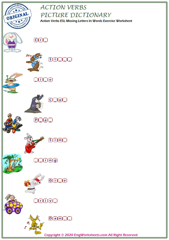 Action Verbs ESL Missing Letters In Words Exercise Worksheet