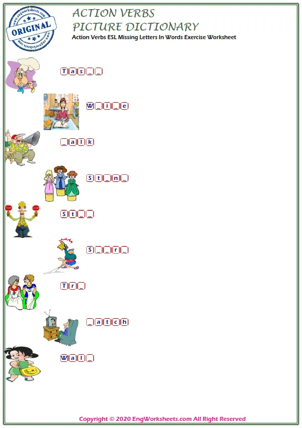Action Verbs ESL Missing Letters In Words Exercise Worksheet