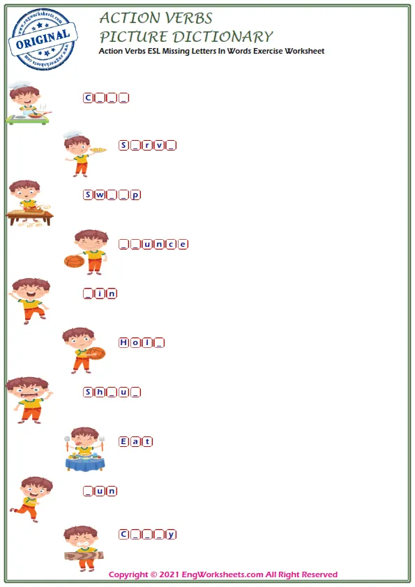 Action Verbs ESL Printable Multiple Choice Test.