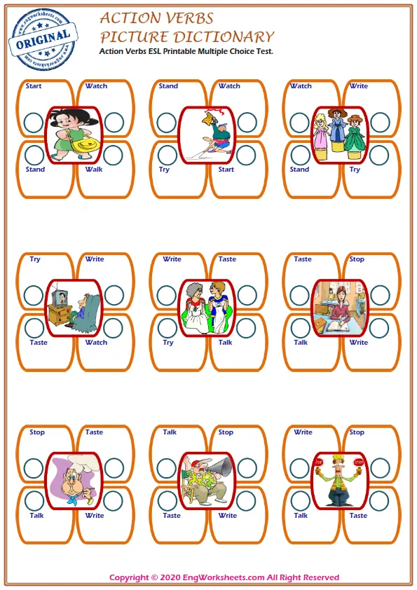 Action Verbs ESL Printable Multiple Choice Test.