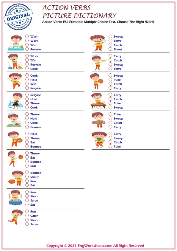 Action Verbs ESL Printable Picture Dictionary Worksheet For Kids Worksheet Preview