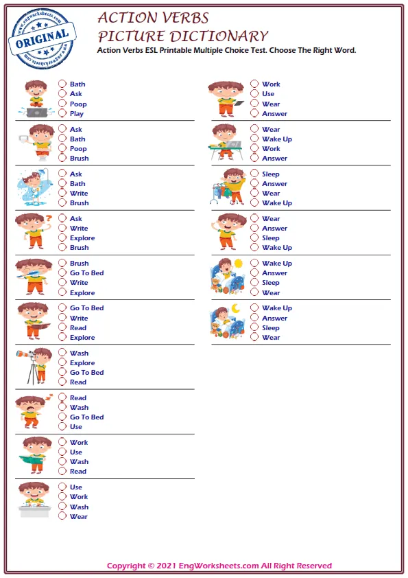 Action Verbs ESL Printable Multiple Choice Test. Choose The Right Word. Worksheet Preview