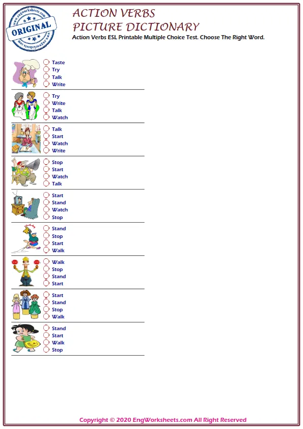 Action Verbs ESL Printable Multiple Choice Test. Choose The Right Word. Worksheet Preview