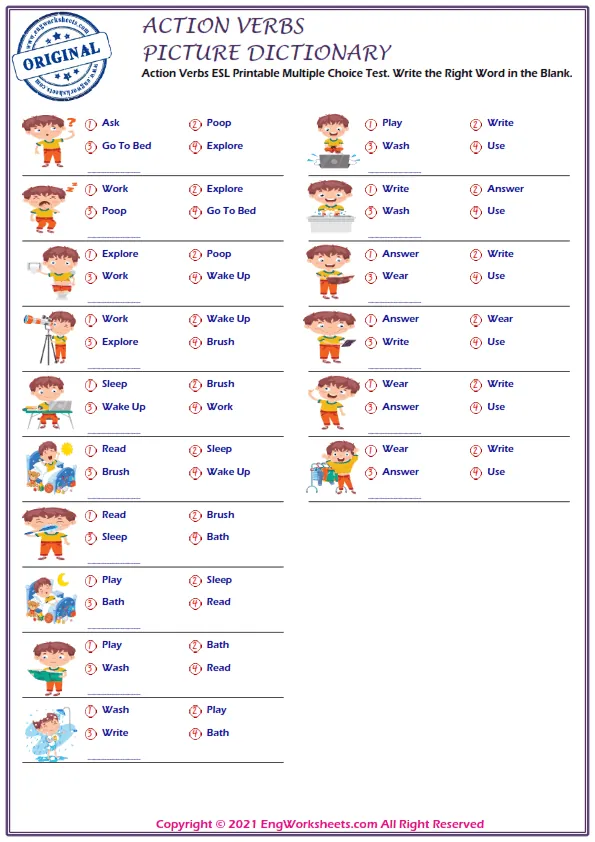 Action Verbs ESL Printable Multiple Choice Test. Write the Right Word in the Blank. Worksheet Preview