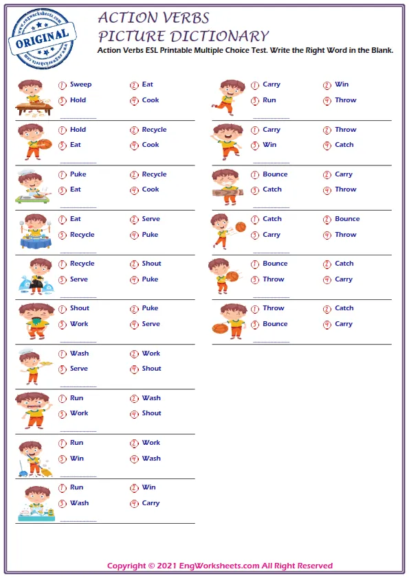 Action Verbs ESL Printable Picture Dictionary For Kids. Write the Words on the Word List. Worksheet Preview