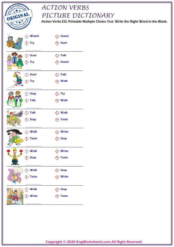 Action Verbs ESL Printable Multiple Choice Test. Write the Right Word in the Blank.