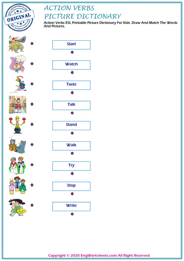 Action Verbs ESL Printable Picture Dictionary For Kids. Draw And Match The Words And Pictures.