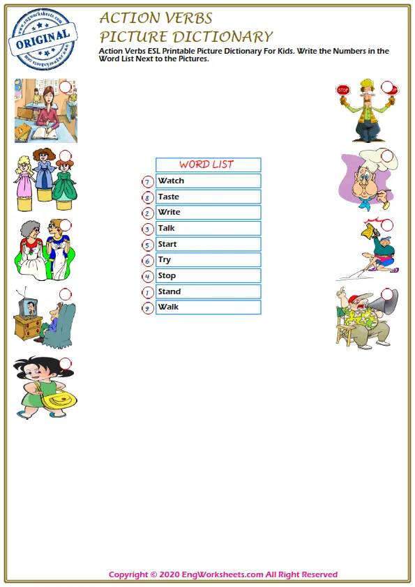 Action Verbs ESL Printable Picture Dictionary For Kids. Write the Numbers in the Word List Next to the Pictures. Worksheet Preview