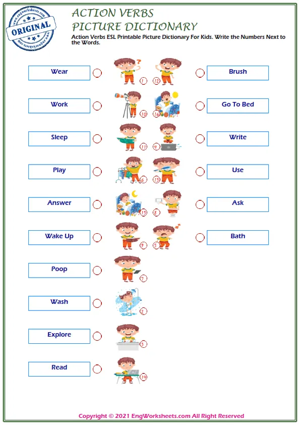 Action Verbs ESL Printable Picture Dictionary For Kids. Write the Numbers Next to the Words. Worksheet Preview