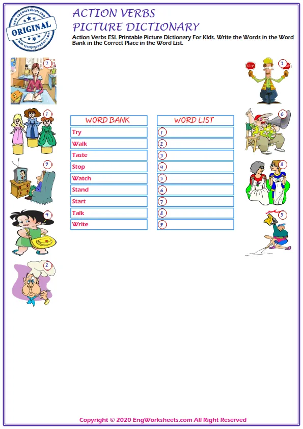Action Verbs ESL Printable Picture Dictionary For Kids. Write the Words in the Word Bank in the Correct Place in the Word List.