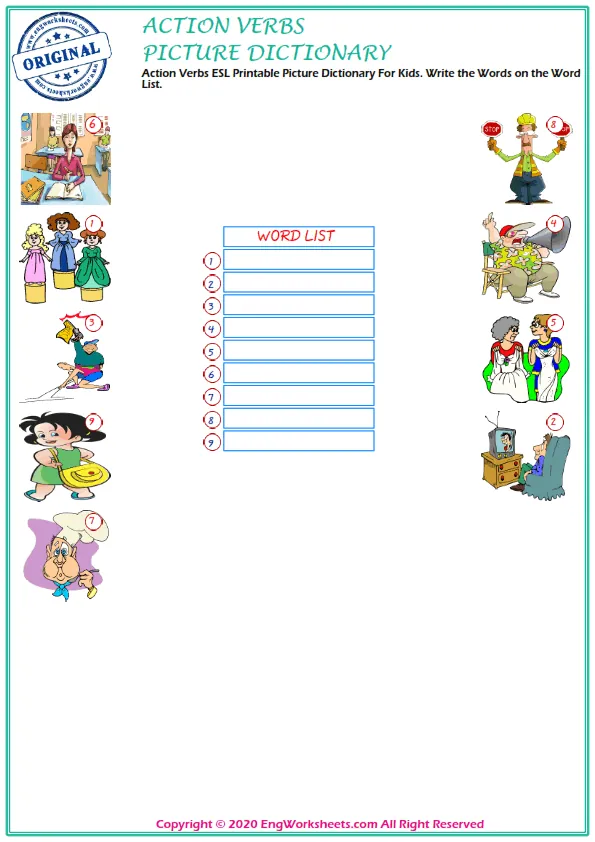 Action Verbs ESL Printable Picture Dictionary For Kids. Write the Words on the Word List.
