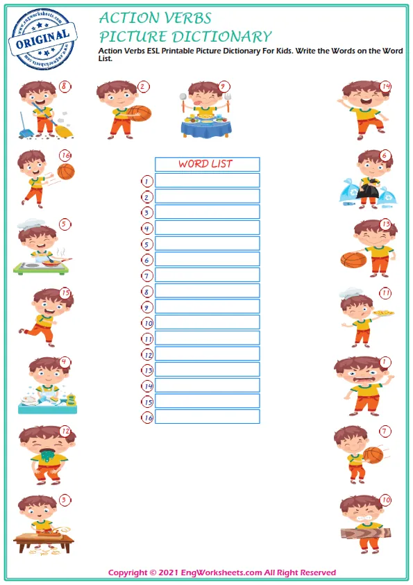 Action Verbs ESL Printable Picture Dictionary For Kids. Write the Numbers Next to the Words. Worksheet Preview