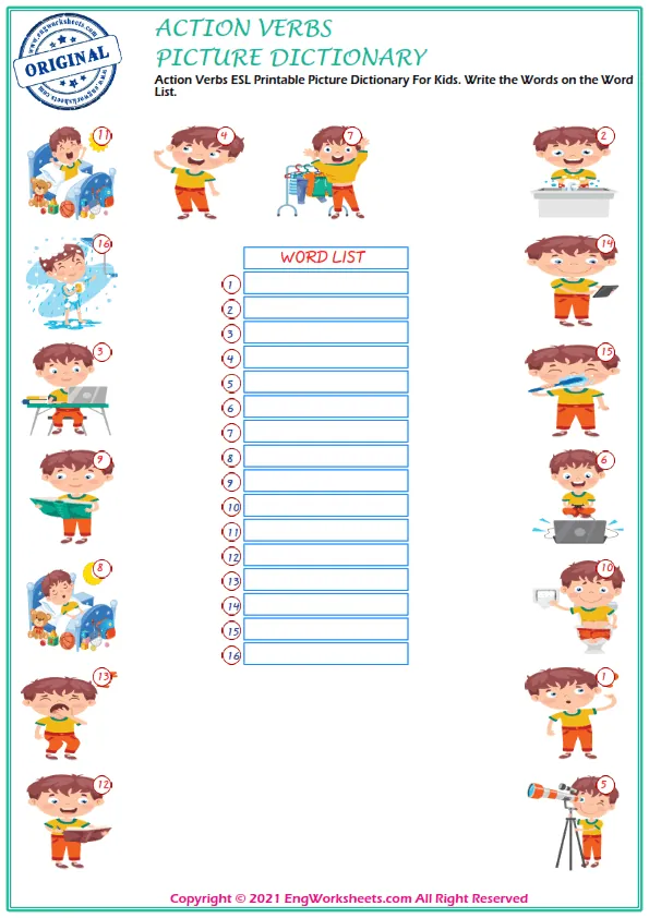 Action Verbs ESL Printable Picture Dictionary For Kids. Write the Words on the Word List. Worksheet Preview