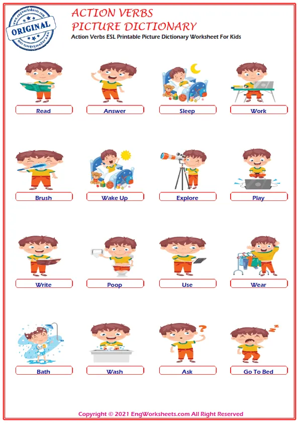 Action Verbs ESL Printable Multiple Choice Test.
