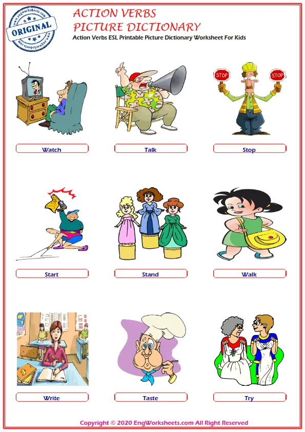 Action Verbs ESL Printable Picture Dictionary Worksheet For Kids