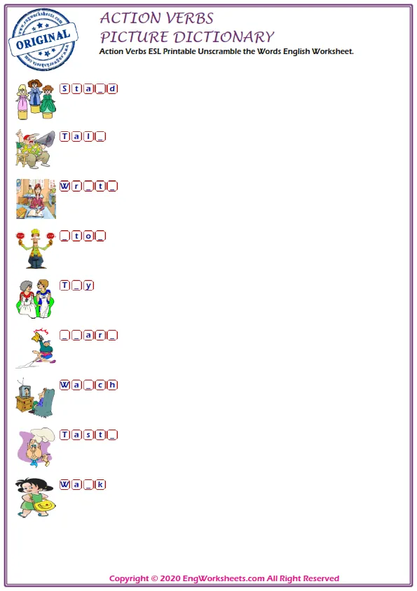 Action Verbs ESL Printable Unscramble the Words English Worksheet.